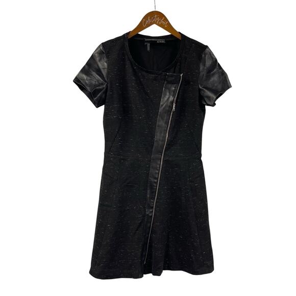 The Kooples Sport Dress Black Asymmetrical Zip Leather Trim Size 40 - Picture 1 of 11